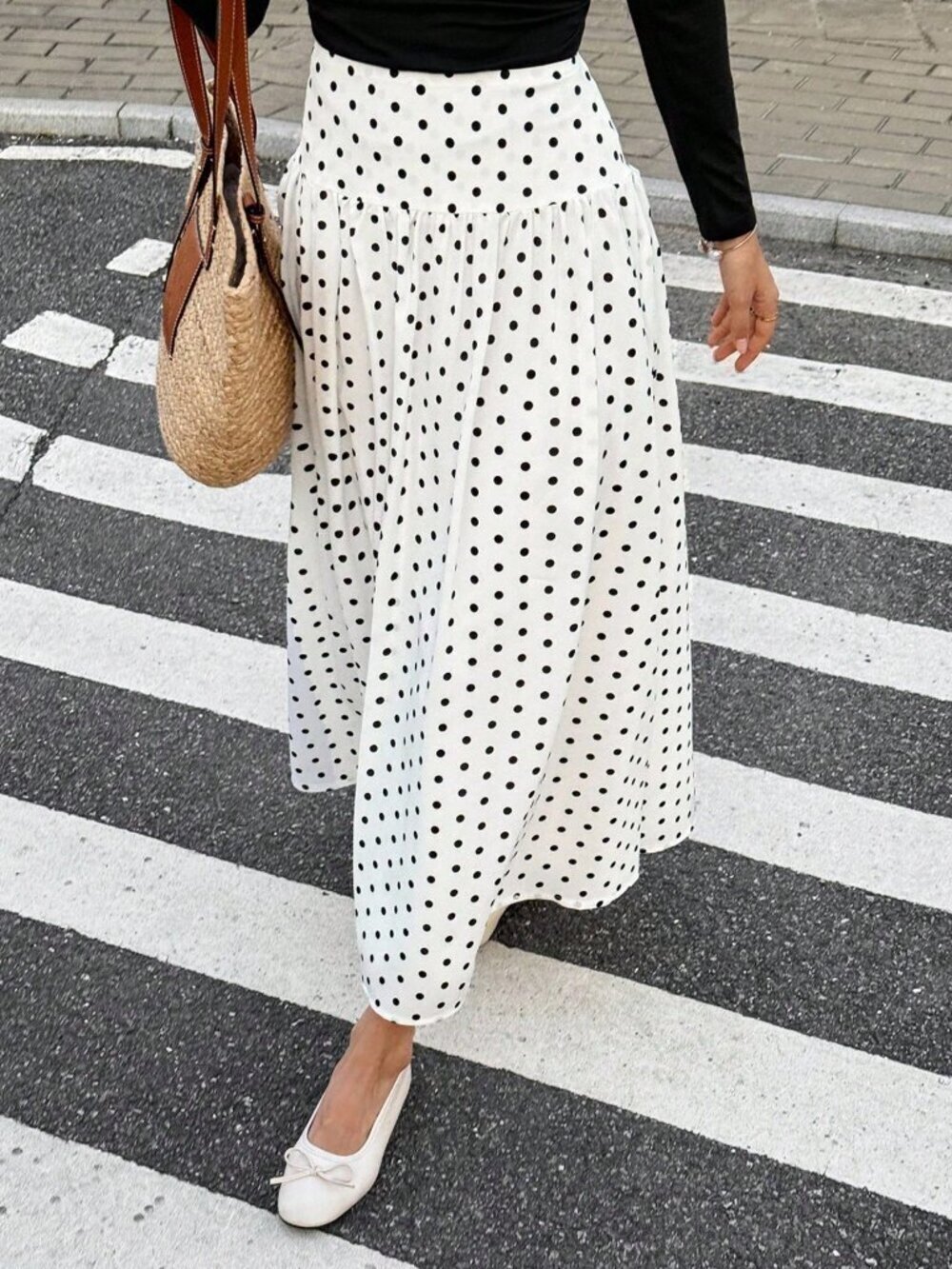 Beige Elegant Women's French-Style Polka Dot Midi Skirt